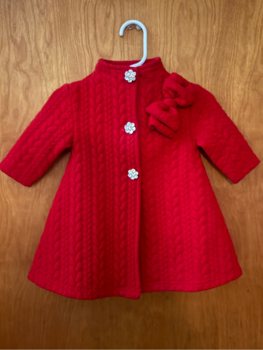 Blueberi Boulevard Red Baby Girl Dress Coat, Rhinestone Buttons, 3-6 months